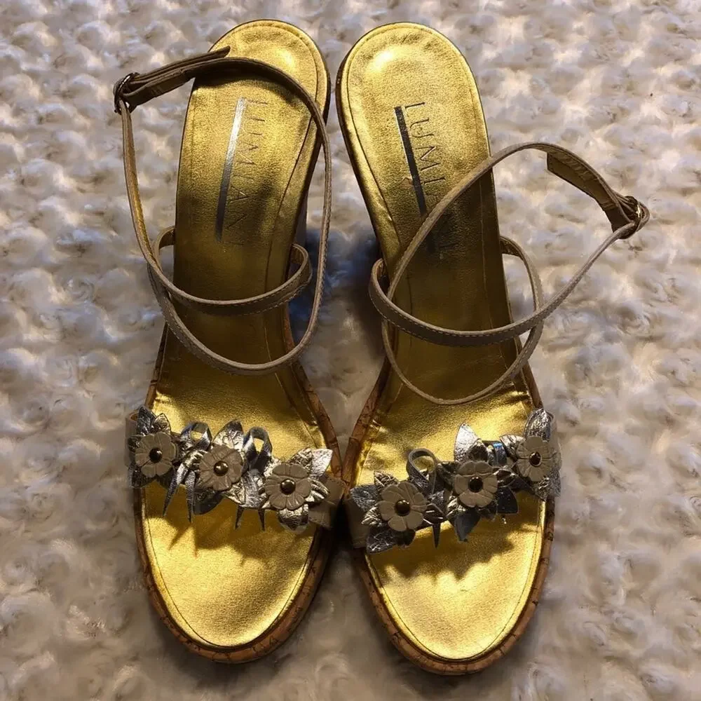 Lumiani Strappy Leather Cork Wedge Platform 40